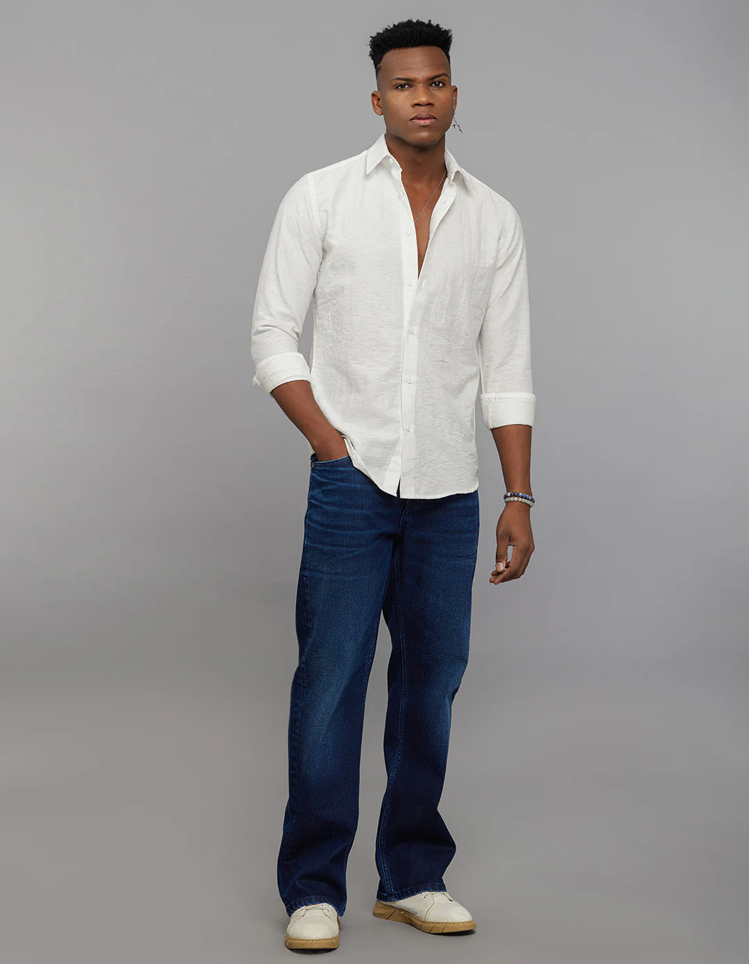White Full Sleeves Texture Print Shirt - Image 2