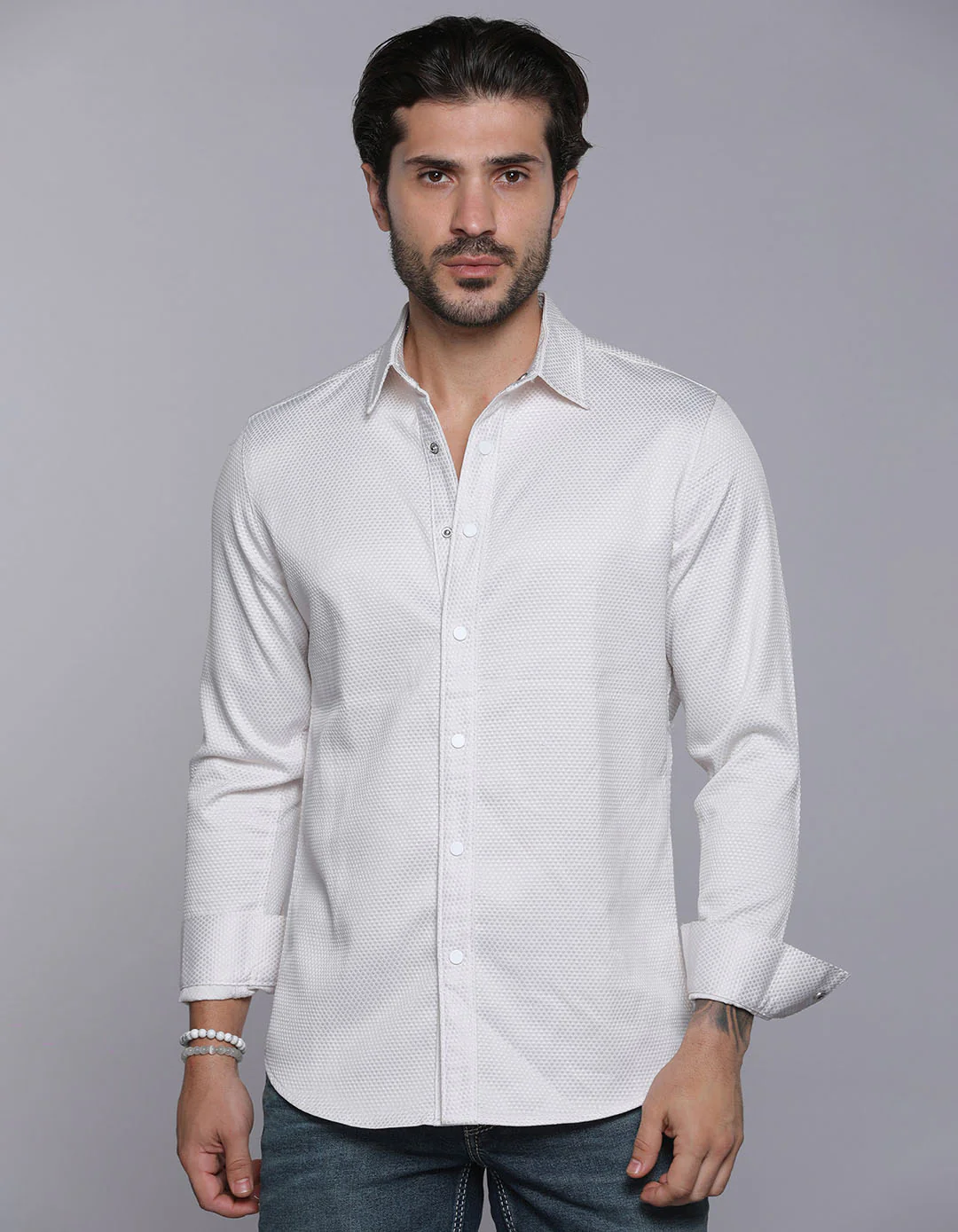 White Full Sleeves Textured Waffle Shirt