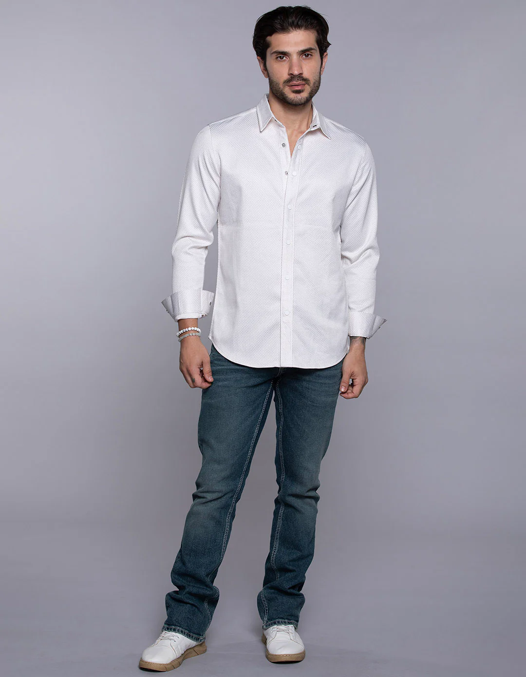 White Full Sleeves Textured Waffle Shirt - Image 2