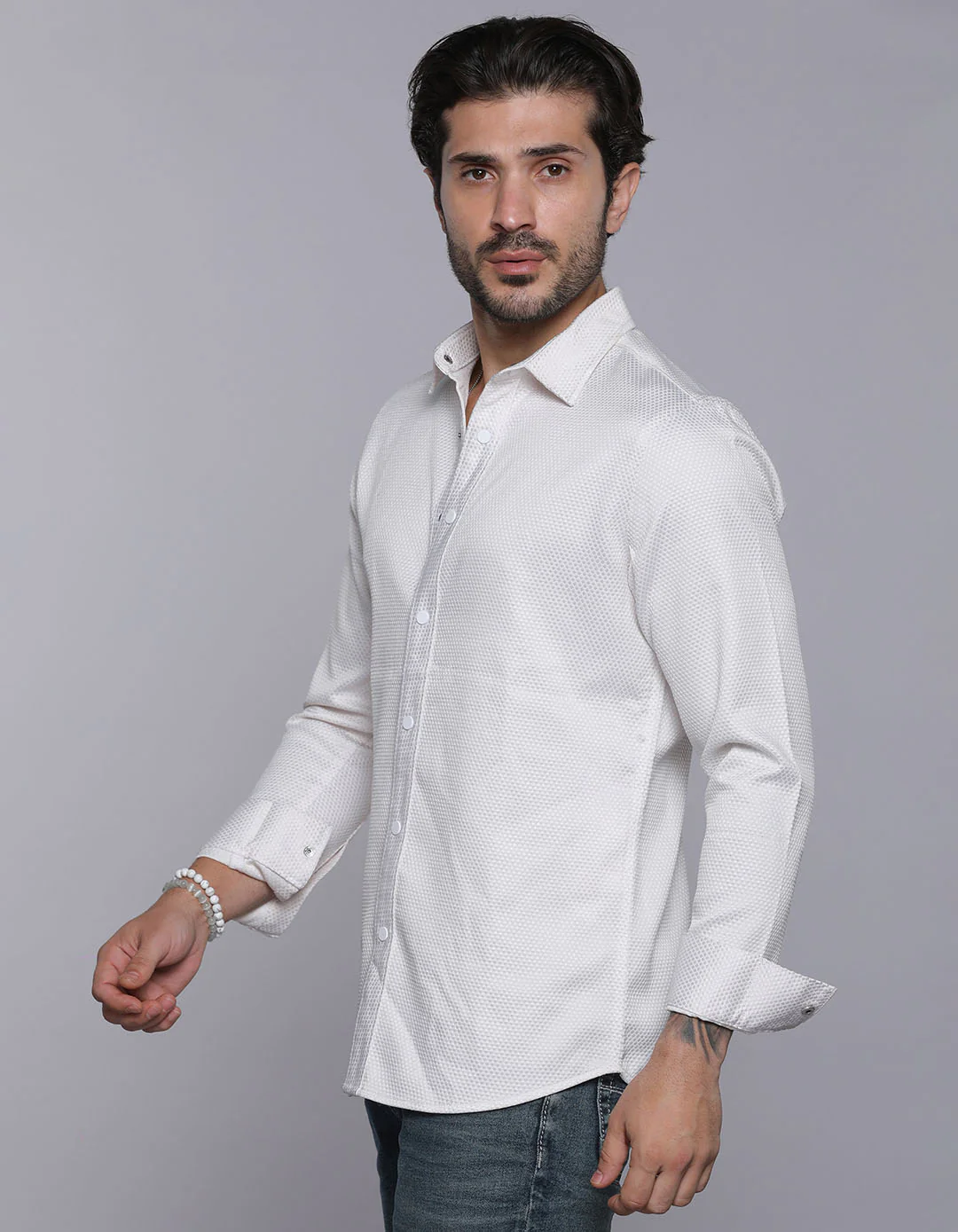 White Full Sleeves Textured Waffle Shirt - Image 3