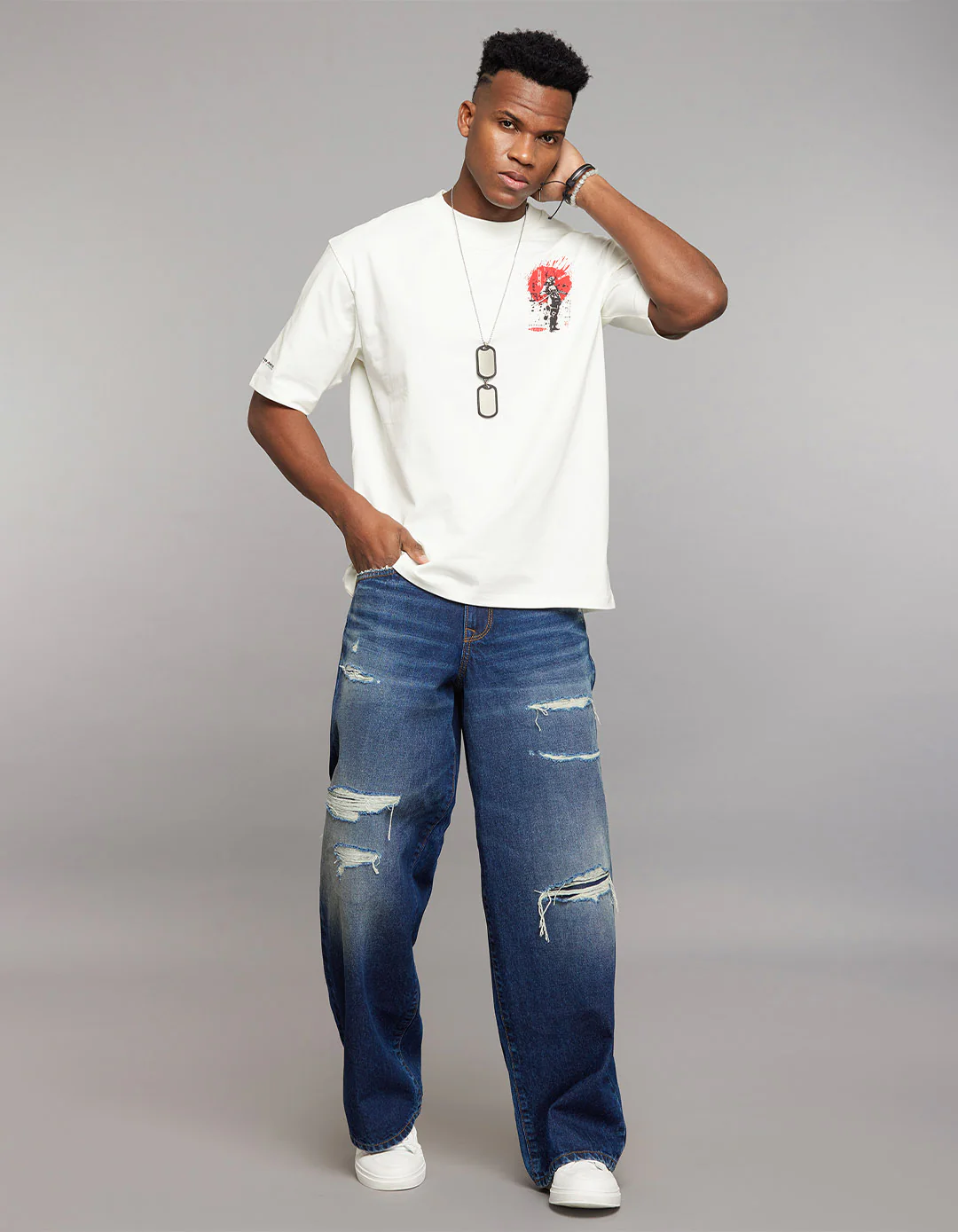 White Half Sleeves Round Neck Oversized Tee - Image 3