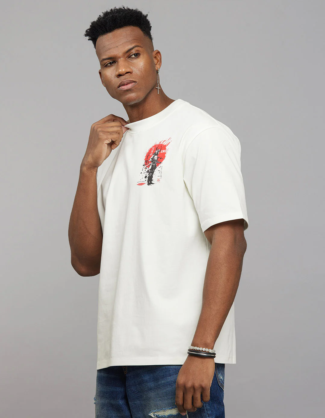 White Half Sleeves Round Neck Oversized Tee - Image 4