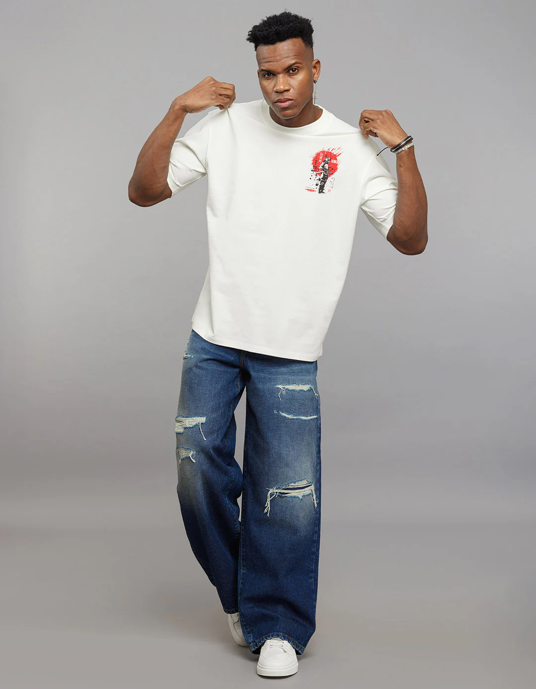 White Half Sleeves Round Neck Oversized Tee - Image 6