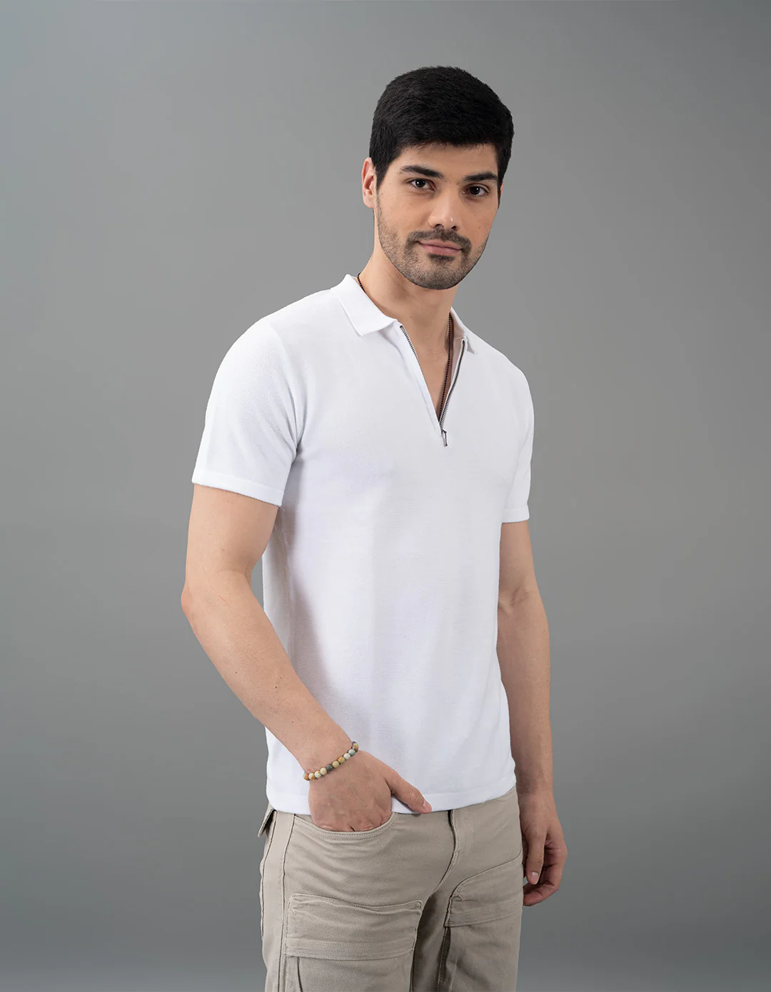 White Half Sleeves Flatknit Polo Tee - Image 3