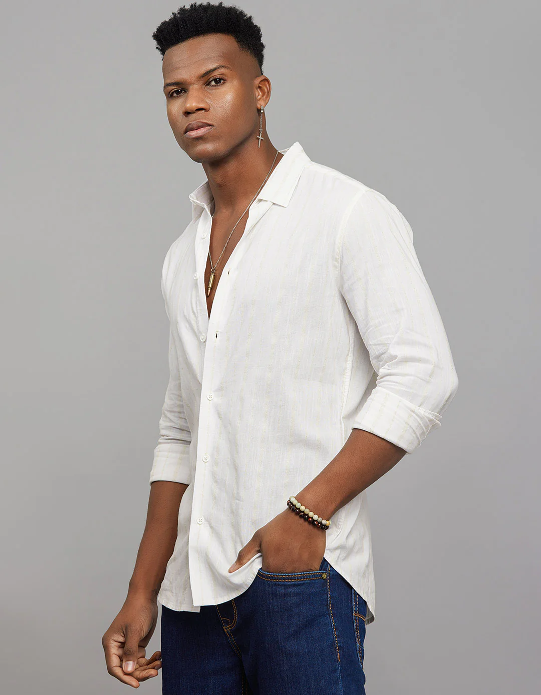 White Khaki Full Sleeves Linen Blend Stripe Shirt - Image 3