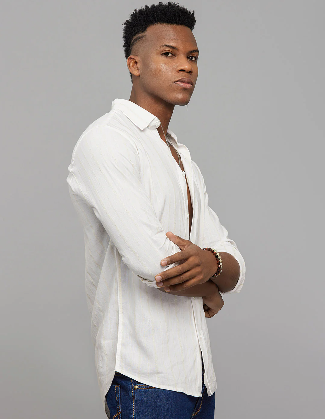 White Khaki Full Sleeves Linen Blend Stripe Shirt - Image 4