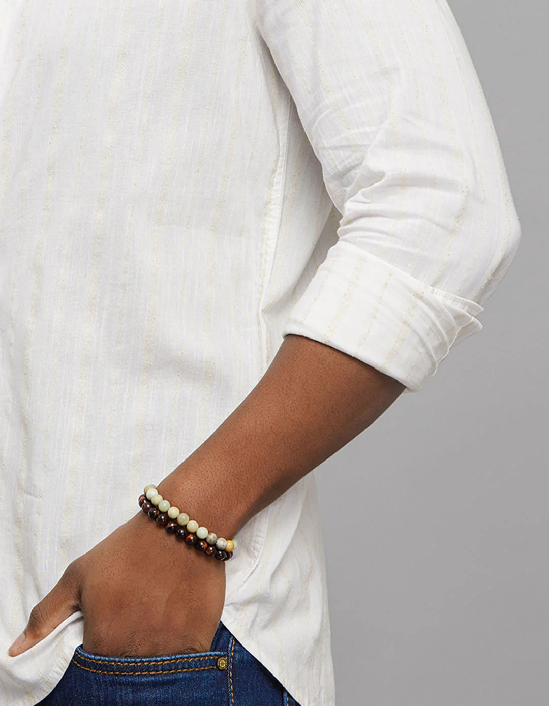 White Khaki Full Sleeves Linen Blend Stripe Shirt - Image 7