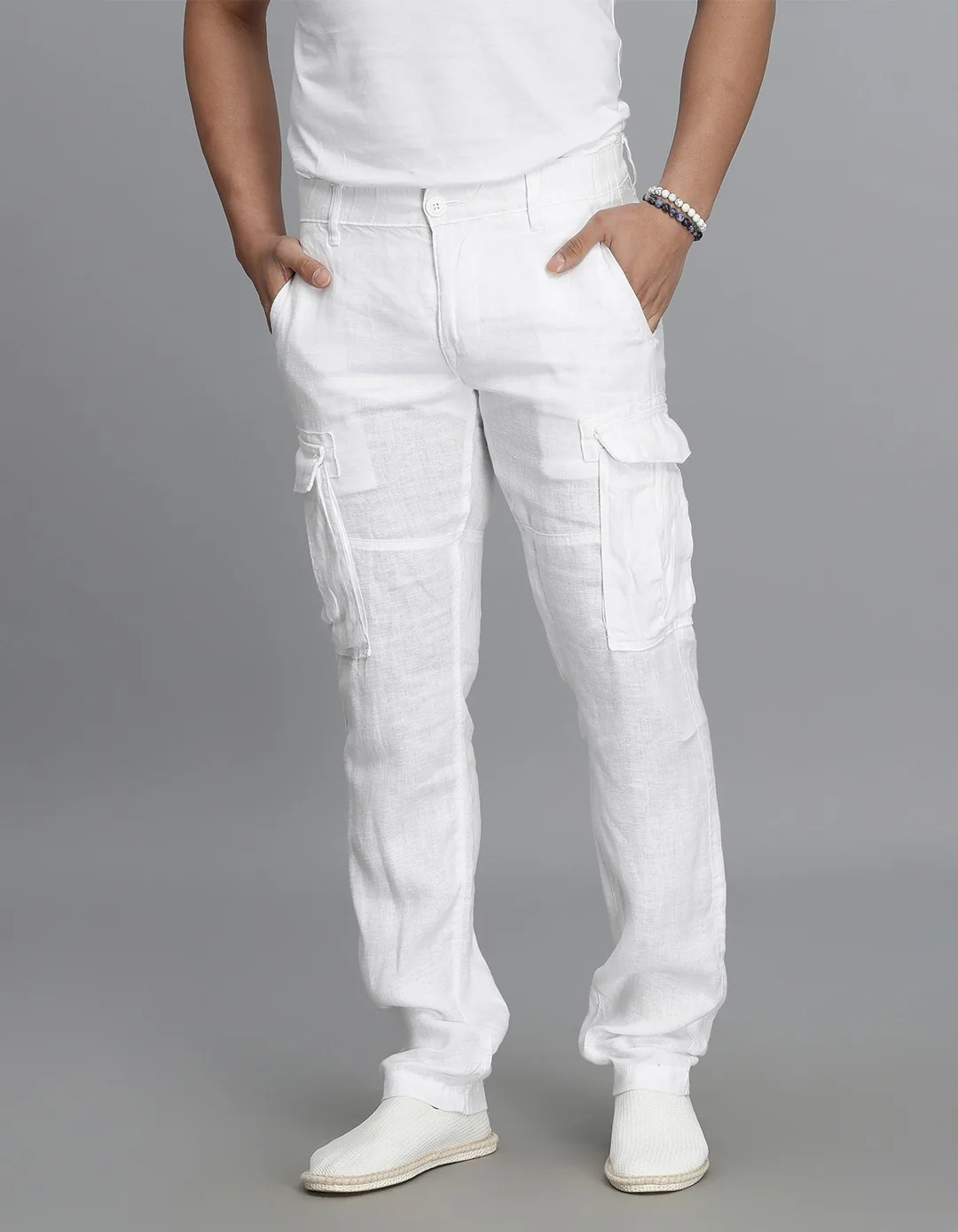 White 100% Linen Cargo Pant