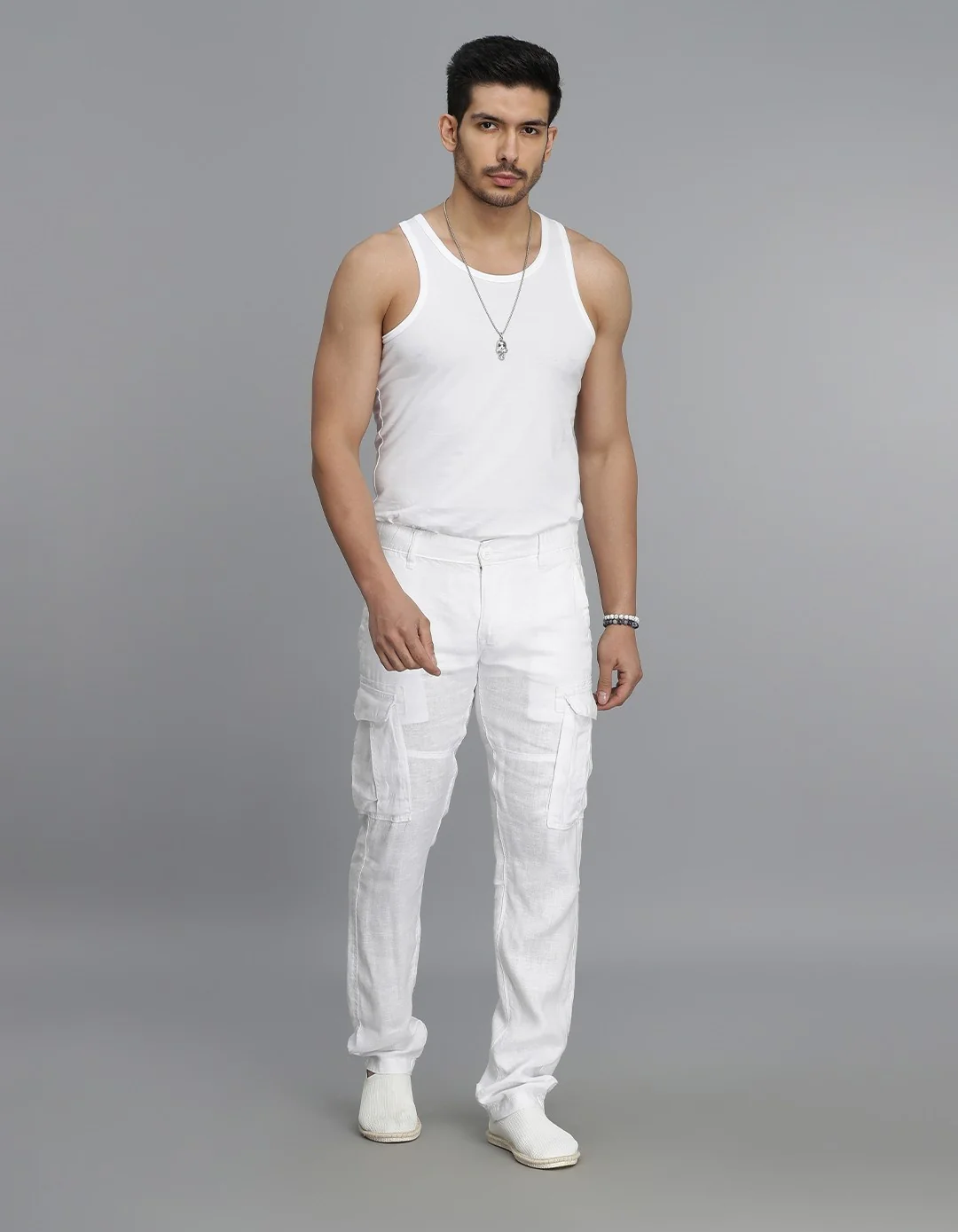 White 100% Linen Cargo Pant - Image 2