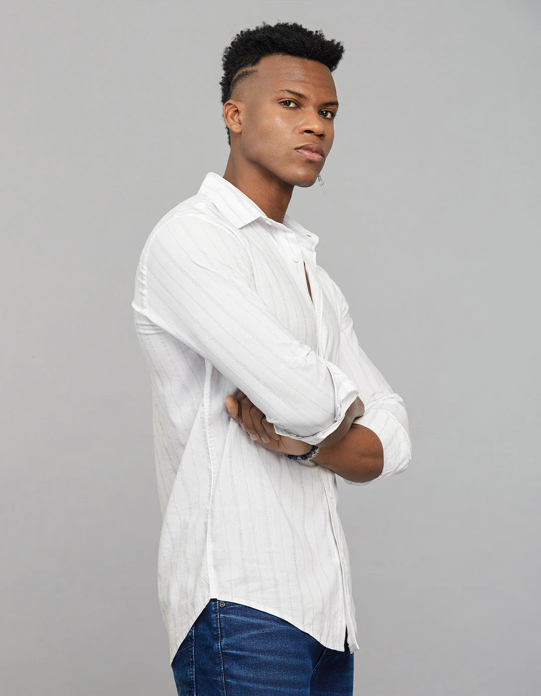 White Navy Full Sleeves Linen Blend Stripe Shirt - Image 3