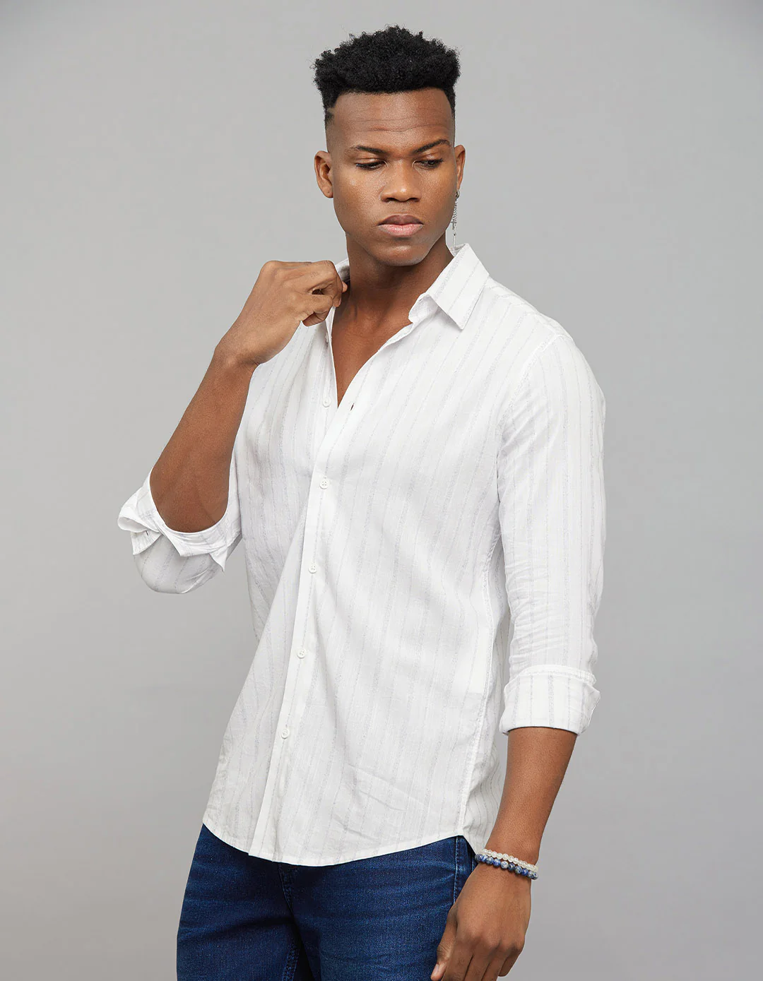 White Navy Full Sleeves Linen Blend Stripe Shirt - Image 4