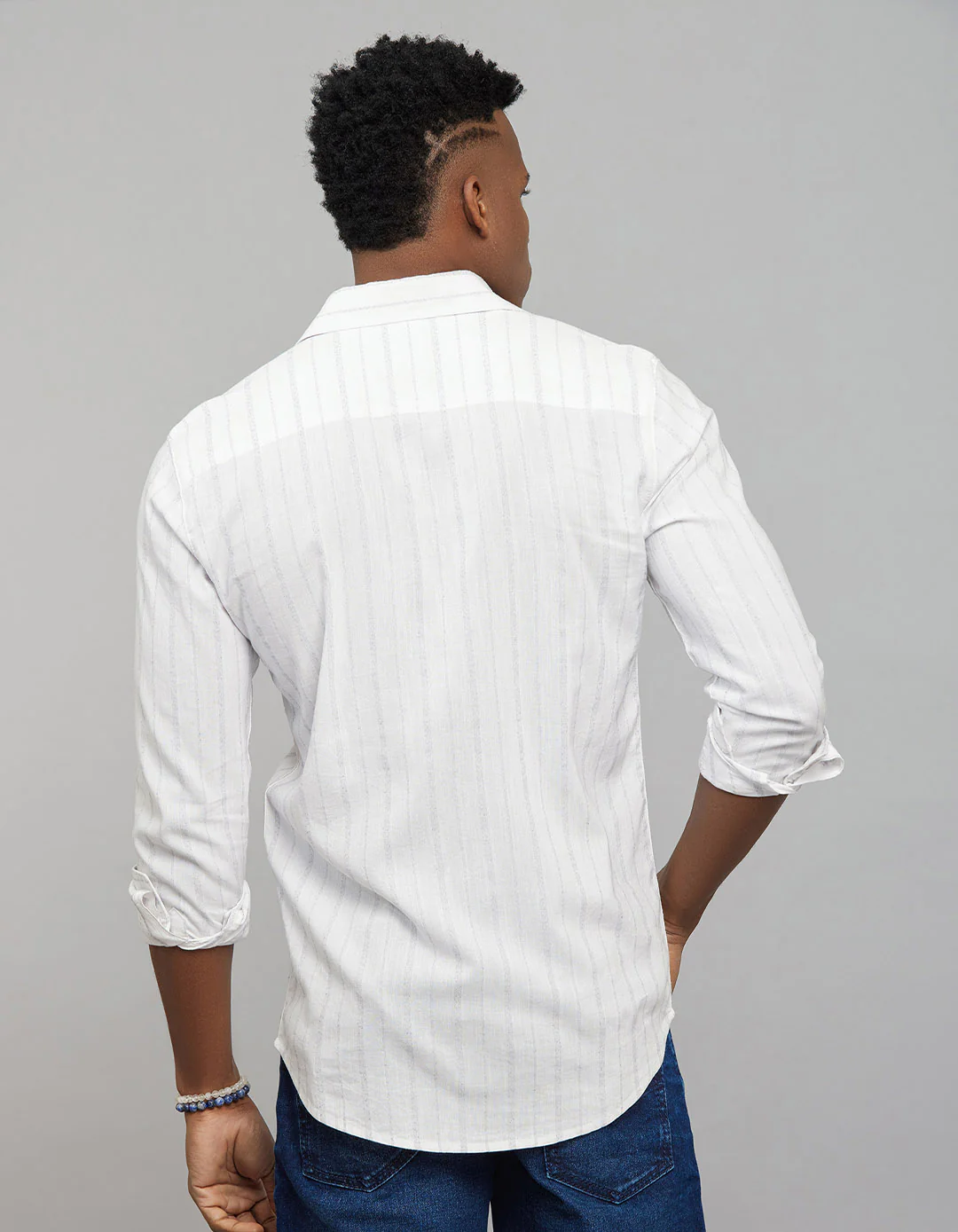White Navy Full Sleeves Linen Blend Stripe Shirt - Image 6