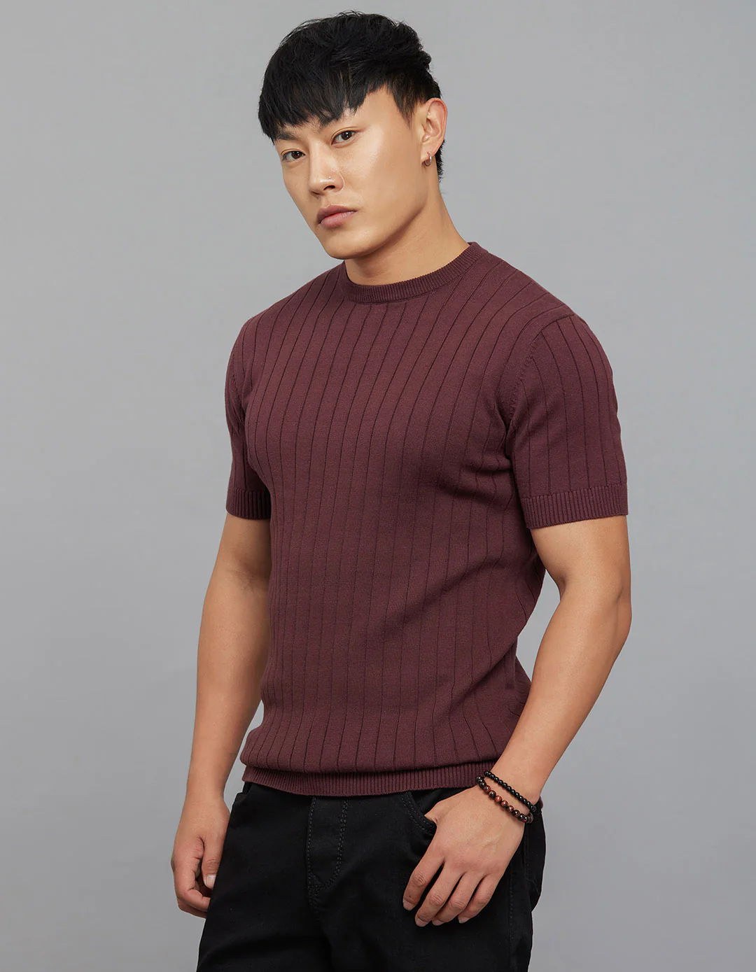 Wine Round Neck Half Sleeves Flatknit - Image 3