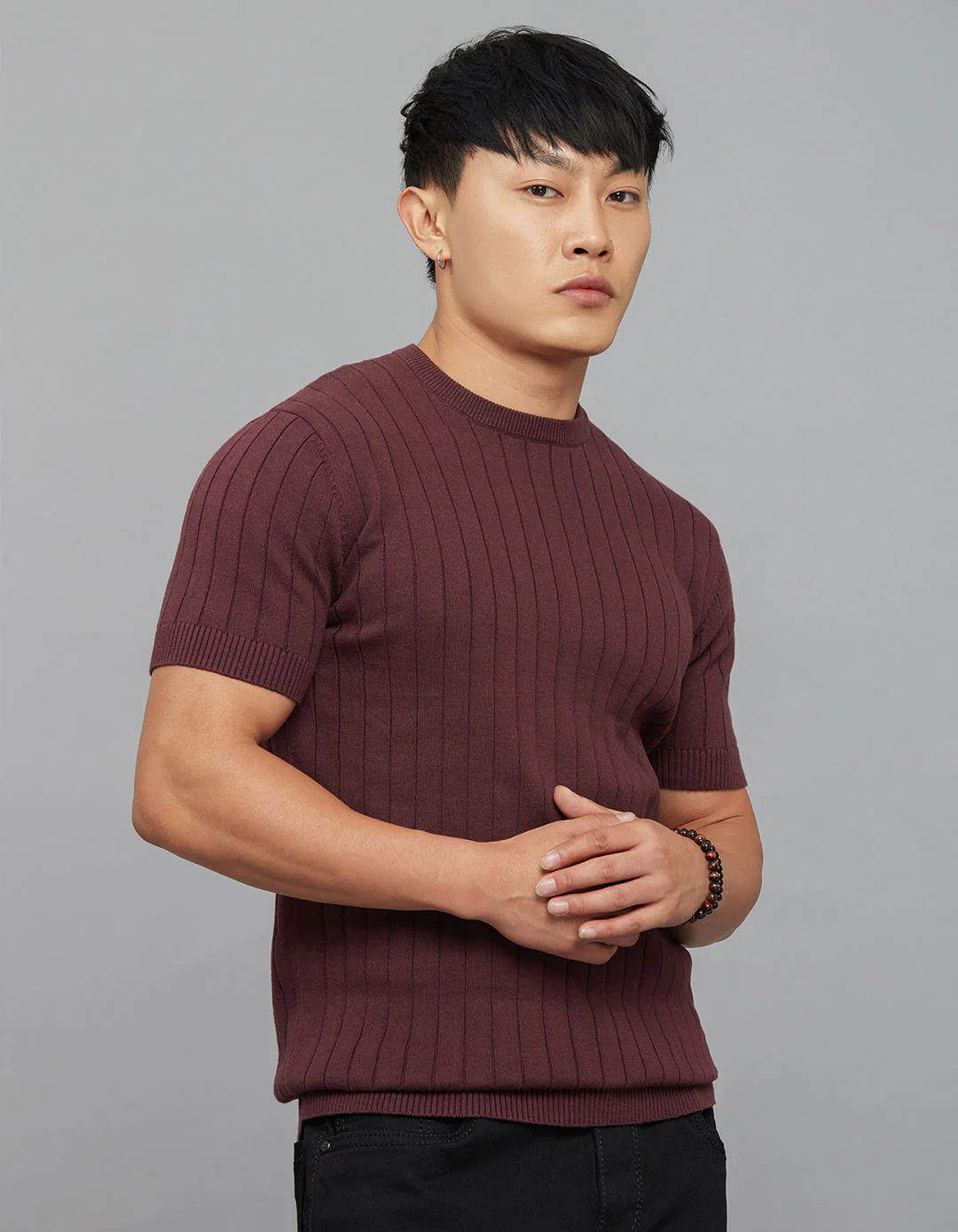 Wine Round Neck Half Sleeves Flatknit - Image 4