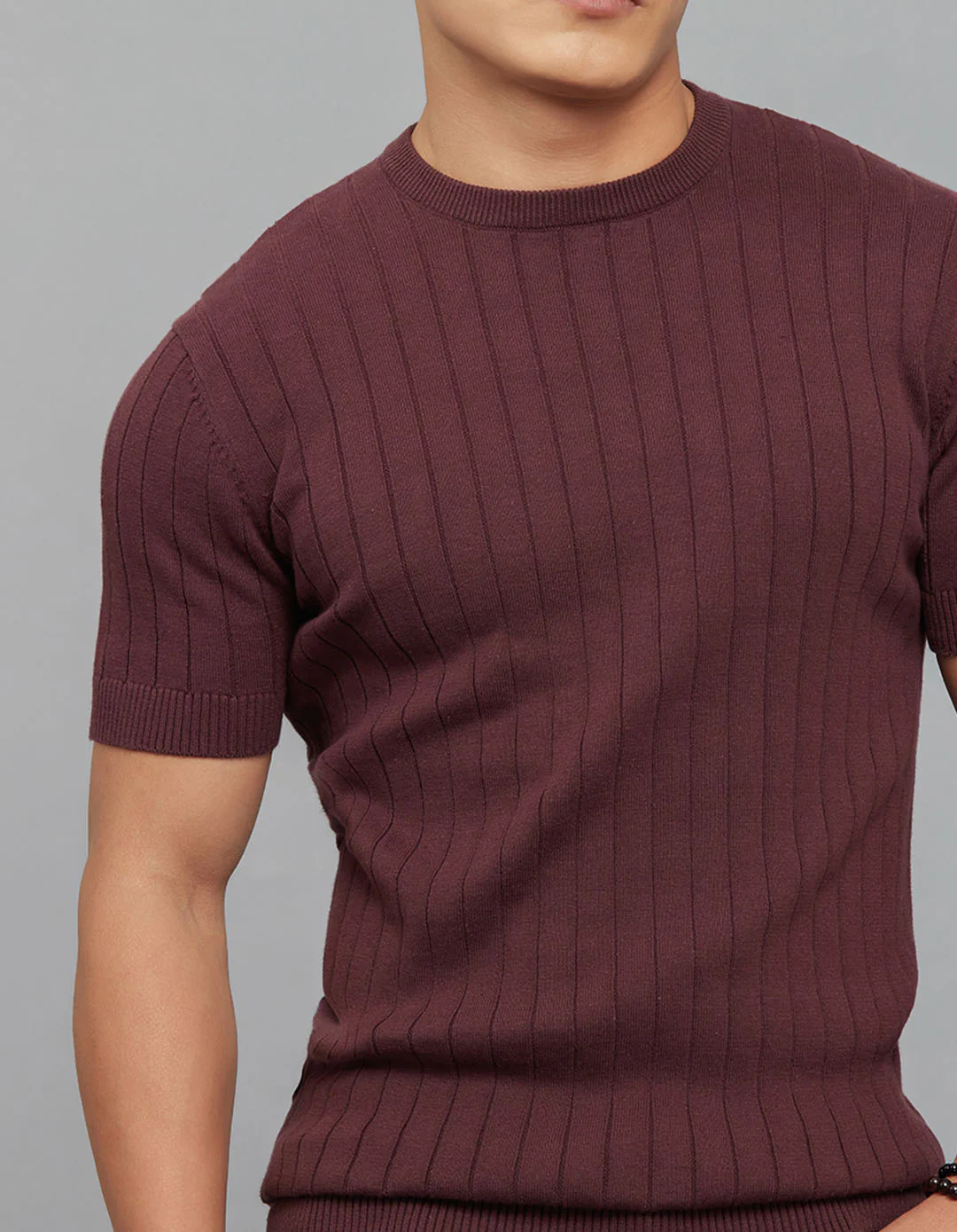 Wine Round Neck Half Sleeves Flatknit - Image 5